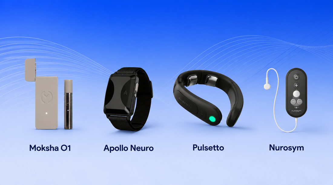 Top 4 vagus nerve calming devices including Moksha O1, Apollo Neuro, Pulsetto, and Nurosym for stress relief and nervous system regulation.