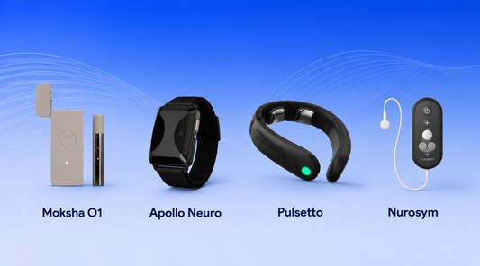 Top 4 vagus nerve calming devices including Moksha O1, Apollo Neuro, Pulsetto, and Nurosym for stress relief and nervous system regulation.